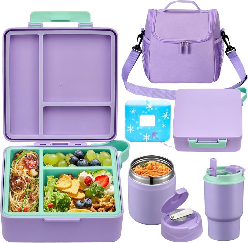 Howeemo Bento Lunch Box for Kids with 17oz Soup Thermo,Insulated Tumbler Water Bottle and Insulated Lunch Bag,Leak-Proof 3 Compartment Lunch Food Container with Ice Pack for Kids to School-Purple - Image 1